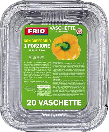 FRIO - 20 Barquettes Aluminium Monoporcion avec Couvercle 14,5x12x5,5 cm | Plats Jetables à Emporter | Four et Congélateur | Idéal Travail, École, Voyage, Traiteur et Vente à Emporter