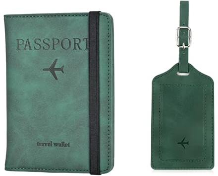 Passport Cover – RFID Blocking Leather Passport Holder with Strap, Green Travel Wallet & Luggage Tag Set for Men & Women, Family Travel Case for UK Trips, Flights & Holidays