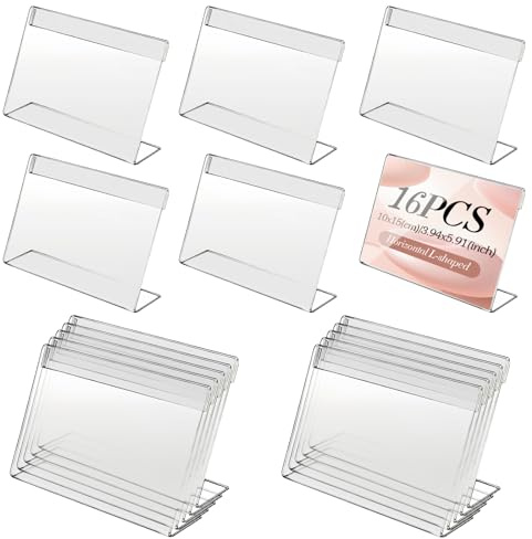 WANDGU 16 Pezzi Supporto per Etichette in Acrilico Trasparente Verticale, Espositore da Tavolo in Acrilico, Porta-Nome da Tavolo, Porta Menu per Matrimonio, Ristoranti, Caffè, Ufficio (10x15CM)
