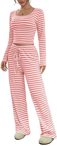 SotRong Tuta da donna in 2 pezzi a righe abbinate, top corto a maniche lunghe e pantaloni a gamba larga con coulisse, set da salotto in maglia a costine casual per il tempo libero, Pesca, L