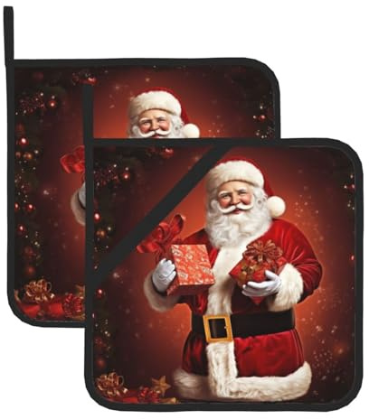 2Pcs Pot Holders with Pocket, Heat Resistant Hot Pad for Countertops, Christmas Lovely Santa Claus Potholders for Kitchen Cooking Baking Trivet
