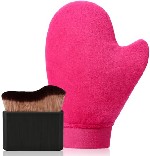 2 in 1 Professional Self Tanning Mitt Kit - Luxury Self Tanner Mitt, Self Tan Mitt And Brush Tanning Glove Kabuki Body Brush For Streak-Free Lotion, Sunless Spray Tan On Face And Body Rose Pink