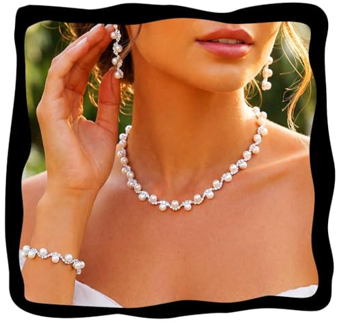 Aukmla Pearl Wedding Jewelry Sets Silver Rhinetsone Choker Necklace and Earring Bracelet Set Prom Jewelry for Brides and Women (Silver)