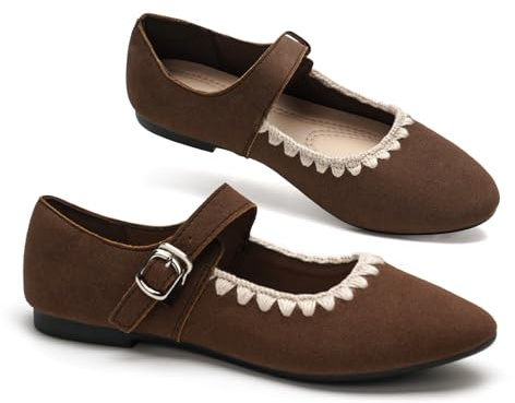 GLAMORA Ballerines Femme Mary Jane Effet Daim Bride Boucle Décorative Fermeture Rapide Crochet Chaussures Plates Souples Légères Bordure Tricotée Bout Rond Semelle Antidérapante Confort