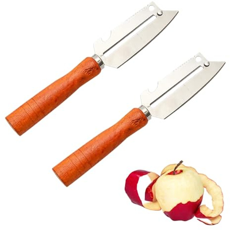 PYRUVAE Set di 2 Pelapatate Professionale Multifunzione 4 in 1 con Manico in Legno, Sbucciatore in Acciaio Inox per Patate, Mele e Verdure, Pelapatate con Apribottiglie Integrato, 20x4cm