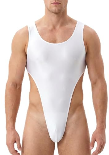 HIVTE Brottningsdräkt för Herrar - Ärmlös Bodysuit med U-ringning, Glansig Metallisk Jumpsuit i Full Längd för Yoga, Gym, Dans och Simning (Vit)