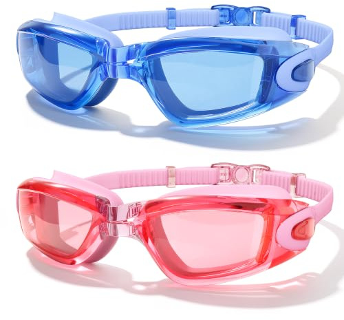 LOEO Kids Swim Goggles, 2 Pack Swimming Goggles for 4-12 Boys Girls, Anti Fog, UV Protection, Waterproof