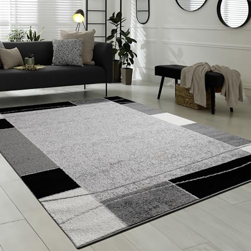 Paco Home Teppich Wohnzimmer Kurzflor Modern Bordüre Geometrisches Muster Grau Schwarz, Grösse:60x100 cm
