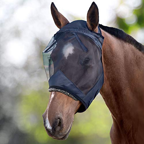 Harrison Howard Maschera protettiva anti-mosche CareMaster, per cavalli, con rete di nylon, anti-UV, con protezioni imbottite rivestite di pile per gli occhi, colore nero, Piano Black