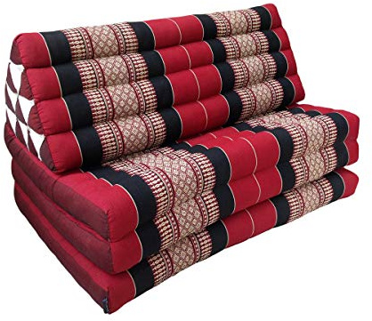 Collumino Extra Wide 80cm Traditional Thai Kapok 3 Fold Meditation Mattress with Oriental Style Triangle Recliner Cushion for Yoga Massage or Relaxation (Black, Red)