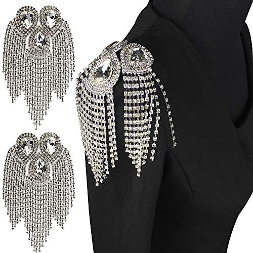 EMDOMO 2 pieces Beaded Diamond Waterdrop Design Patches Crystal Fringe Tassel Rhinestones Shoulder Badges Brooches Women Dress Applique