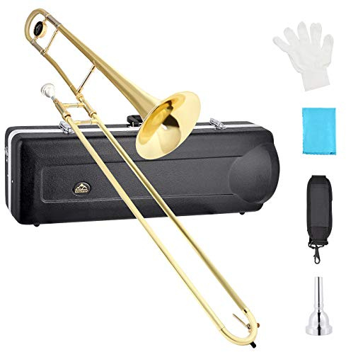 EASTROCK Bb Tenor Slide Trombone, B Flat Brass Plated Trombone Instrument for Beginners Students with Hard Case, with Mouthpiece, White Gloves (12.5mm/200 mm), Golden