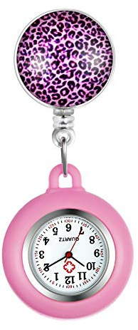 Reloj de bolsillo retráctil para enfermera, 1 – 3 unidades, con estampado de leopardo con estetoscopio, solapa, médicos, enfermeras, reloj, funda de silicona para hombre y mujer, Rosa.