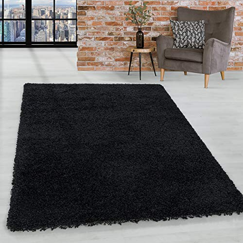 HomebyHome Shaggy Teppich Wohnzimmer 140 x 200 cm - Shaggy Teppich Hochflor Schwarz Extra Weich und Flauschig - Langflor Teppiche für Schlafzimmer, Küche, Flur - Carpet, Halı, Kilim