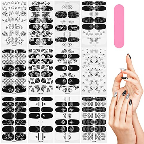 MWOOT 12 Feuilles Full Wraps Autocollant Ongle Nail Art avec 1 Lime À Ongles, Rétro Noir Blanc Auto-Adhésif Couverture Complète Ongles Stickers pour DIY Femmes Filles Noël Halloween Ongle Décoration