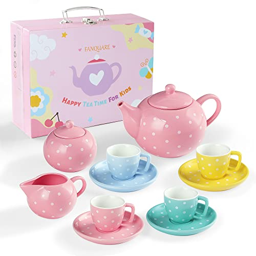 Fanquare 12-Piece Porcelain Pink Rose Floral Tea Set for Adults and Children - Afternoon and Coffee Set for Little Girls' Birthday Gifts