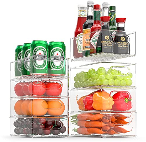 FINEW Kühlschrank Organizer 8er Set (4 Groß/4 Mittel Behälter), Stapelbare Speisekammer Vorratsbehälter, Durchsichtig Küche Aufbewahrungsbox & Organisation für Schränke, Fridge, spülbecken - BPA frei