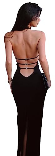 KOEMCY Vestito Donna Spaghetti Strap Senza Maniche Vestito Collo Cavezza Vestiti da Cerimonia Abito da Sera Partito Bodycon Senza Schienale Festa Banchetto (Nero, L)