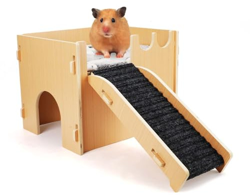 Escondite de Cobayas, Castillo Madera con Escaleras, Almohadilla para Dormir, 2 Puertas, Hábitat Ventilado para Cobayas Casa Grande para Hámster para Mascotas Pequeñas, Chinchilla Erizo