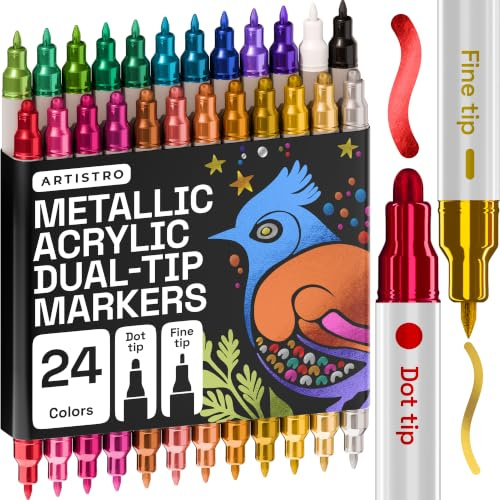 Artistro 24 Metallic Acrylstifte für Stein, Stoff, Holz, Glas, Basteln, Dekoration – Dual Tip (Dot & Fein) Acrylmarker – Scrapbooking & Kunstbedarf