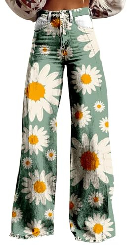 Generisch Pantalon en jean des années 70 pour femme - Taille haute - Ample - Jambes larges - Style bohème - Avec fleurs - Confortable - Pour femme - Pour l'extérieur - Streetwear - Pantalon de loisirs