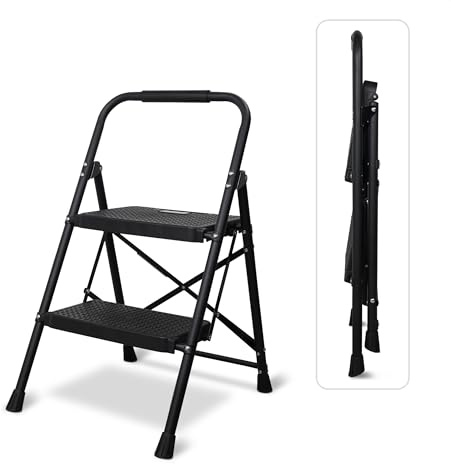 Bestfor Folding 2 Step Ladder, Durable Steel, Non-Slip Feet and Steps, 150kg Capacity, Lightweight, Easy to Store, Ideal for DIY, Decorating and Home Use
