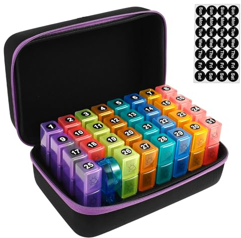 Pilulier mensuel 31 jours, boîte à médicaments matin, midi, soir avec séparateur de comprimés, sac de rangement, boîte à médicaments mois 7 couleurs avec étiquette, pour les préparations de vitamines
