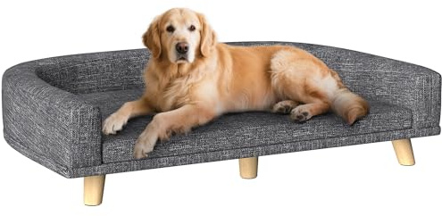 PawHut Divano per cani grandi, 98 x 67 x 25 cm, letto rialzato per cani imbottito con cuscino lavabile e gambe in legno di pino, carico 40 kg, grigio scuro