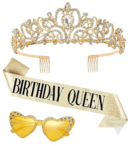 AHEZQILU Decoration Anniversaire Femme Anniversaire – Kit Birthday Queen Élégant Avec Couronne Strass, Écharpe Pailletée & Lunettes Cœur – Design Robuste Et Intemporel – 3 Pièces Pour Fête Photo