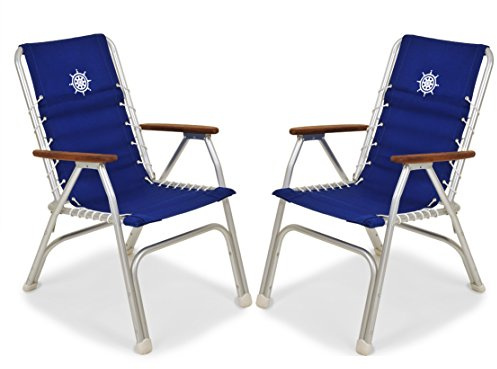 Forma Marine Boat Chairs High Back Blue Deck Folding Marine Aluminum Teak Furniture Set of 2 M150B
