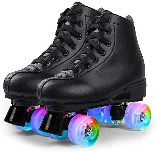 Patins à roulettes pour Femmes et Hommes, Roller Chaussure Classiques à Double Rangée avec Roues Éclairées par LED, Rollers Quad Hauts en Cuir PU pour Débutants Adolescents Adultes (44,Del Noire)