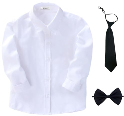 aromm Camisa Niño Uniforme Escolar con Corbata y Pajarita Abotonar Formal Manga Larga Sólido Oxford Camisa