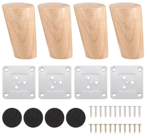 Knpwer 4 gambe in legno per mobili, 8 cm, in legno massiccio affusolato, piedini di ricambio per mobili con piastra di montaggio, viti e tappetini antiscivolo