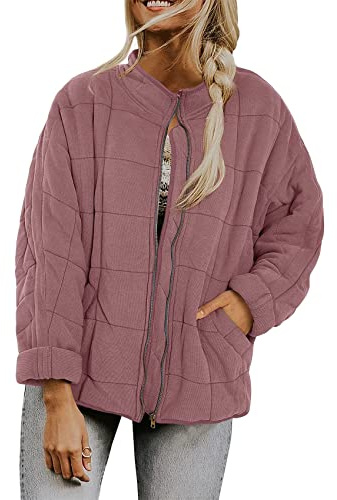 YMING Femmes Matelassées Manches Longues Col Montant Zip Coton Vestes D'hiver Poches Matelassées Parka Couleur Unie Parka Rose S