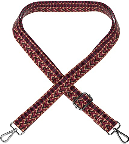 EAZY CASE - Verstellbarer Taschengurt, Ersatz Gurt für Handtaschen, Schulterriemen für Umhängetaschen, dünner Riemen für Taschen und Tragetaschen, DIY Taschenband, Zig Zag - Rot Braun Metal Silber