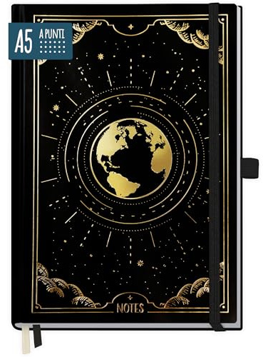 paper&you® Premium Journal dotted A5 - Taccuino a puntini, carta spessa 120g/m², 188 pagine numerate, agenda con rilievi in oro New Adventures