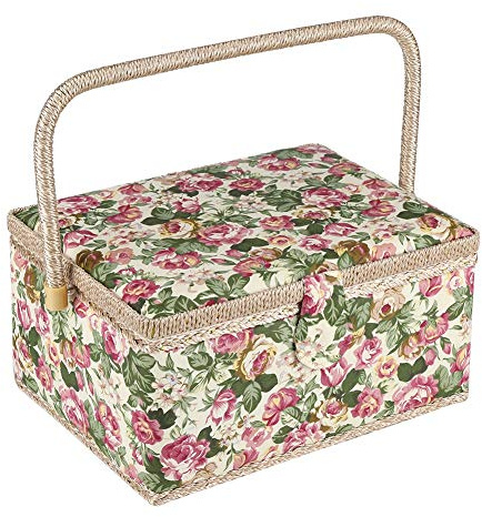 XL Sewing Basket Sewing Baskets 36×26×17 Fabric Floral Printed Sewing Basket Craft Box Household Sundry Storage with Handle Wood Sewing Box Sewing Baskets