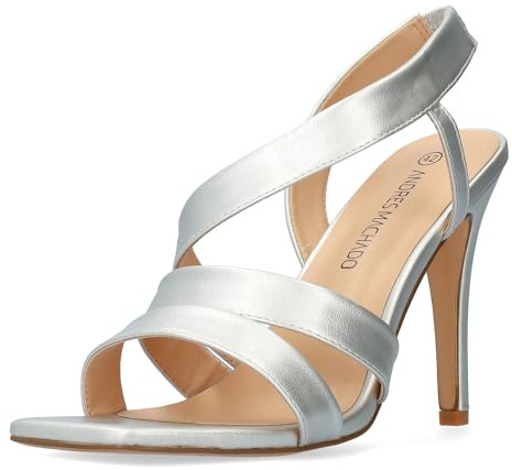 Andrés Machado - AM5742 - Elegantes Sandalias de Verano con Tacón Alto para Mujer - Diseño Destalonado - Tiras Anchas - Sujeción Segura - Tallas Especiales - Soft Plata, Talla EU 44