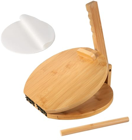 Wooden Tortilla Press 10 Inches with Rolling Pin & 50 Pcs Parchment Paper Mexican Tortillera Presser Homemade Tortillas Roti Pataconera Dough Press