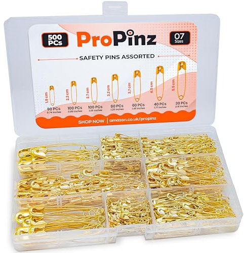 Safety Pins Assorted Sizes - Strong Nickel Plated Steel, Rust Resistant - Ideal for Art & Crafts, DIY, Pinning, Hemming, Dressmaking, Sewing and More (Gold, Pack of 500-7 Sizes)