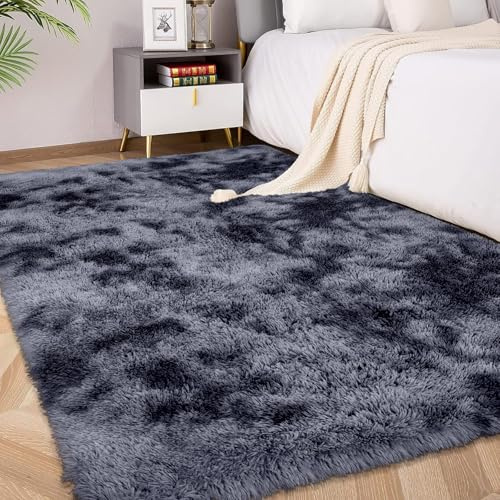 FVVRAX 120x180 cm Bereich Teppiche für Schlafzimmer Wohnzimmer, Tie-Dyed dunkelgrau flauschig Fuzzy Shag Shaggy Teppich weichen Plüsch Teppich, Indoor-Boden Teppich für Kinder Home Decor Ästhetik