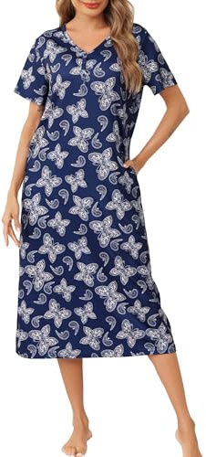 Lovasy Women's Nightdresses & Nightshirts Long Cotton Nightdresses for Women UK Button V Neck Nighties for Women Soft Night Dress Women UK Loose Fit Ladies Nighties with Pockets,Navy Butterfly,S
