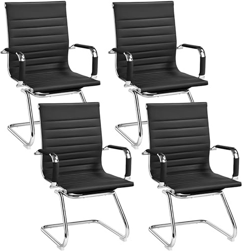 Yaheetech 4 stycken besökarstol med kromram, frisving av PU, konferensstol med armstöd 4 stycken, matrumsstol 4 stycken för väntrum/konferensrum/matsal svart