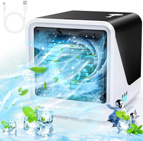 Climatiseur mobile 3 en 1 de type C, silencieux, réservoir d'eau de 500 ml, 3 vitesses, 7 couleurs, veilleuse, sans tuyau d'évacuation avec poignée, convient pour chambre à coucher, bureau (Mobile)