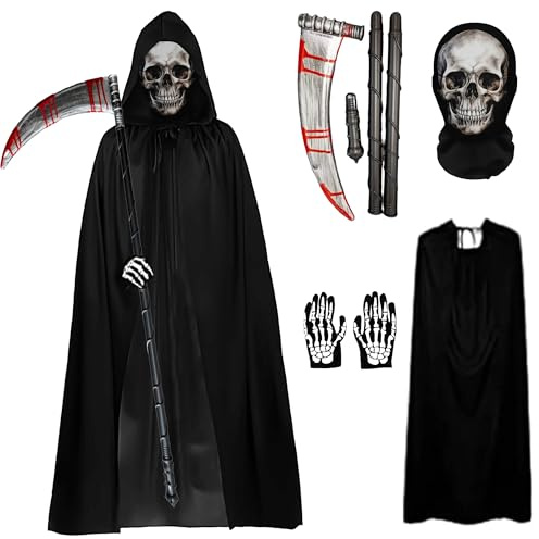 ILMFMY Sensenmann Kostüm Erwachsene Herren Damen – Halloween Umhang mit Kapuze 140 cm, Totenkopf-Maske, Handschuhe & Sense, Gruseliges Kostüm für Party, Karneval & Cosplay