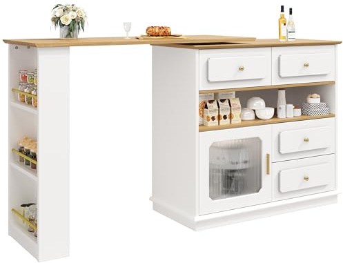 Generisch Table de bar extensible avec espace de rangement (125-181 × 39 × 104,5 cm), rotative à 360°, moderne, table de bar, table haute, îlot de cuisine, table de bistrot, armoire avec étagères et