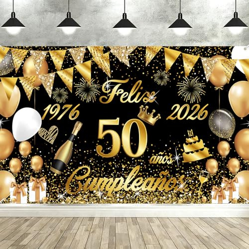 Striscione Buon Compleanno 50 anni 1976-2026, Seutgjie Happy Birthday Decorazione per donna Uomo per Festa Compleanno 50 Oro Nero 180 x 110 cm