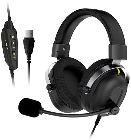 Tosuny Kabelanslutna Spelheadset, Trådbundna over Ear-hörlurar med Mikrofon, 7.1 Surroundljud, 50 Mm Drivrutiner, Memory Foam, 3,5 Mm Ljudjack, för PC, PS 5, Switch