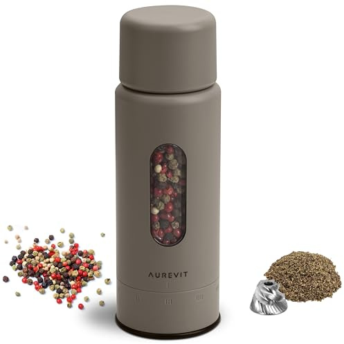 Aurevit Manual Pepper Grinder, Single Pepper Mill with 420 Stainless Steel Core, External Adjustable Coarseness, Refillable, Durable Design (Greige)