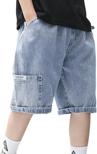 XINYUNZU Kurze Hose Jungen Jeans Shorts Sommer Baggy Elastische Taille Freizeitshorts Sommerhose Kurz Boys Outdoor Kurze Hosen Kinder Blau 170
